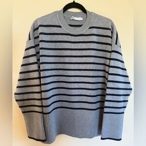 Zara grey/navy stripe crewneck sweater sz M